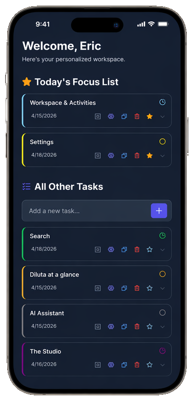 Diluta AI productivity dashboard interface