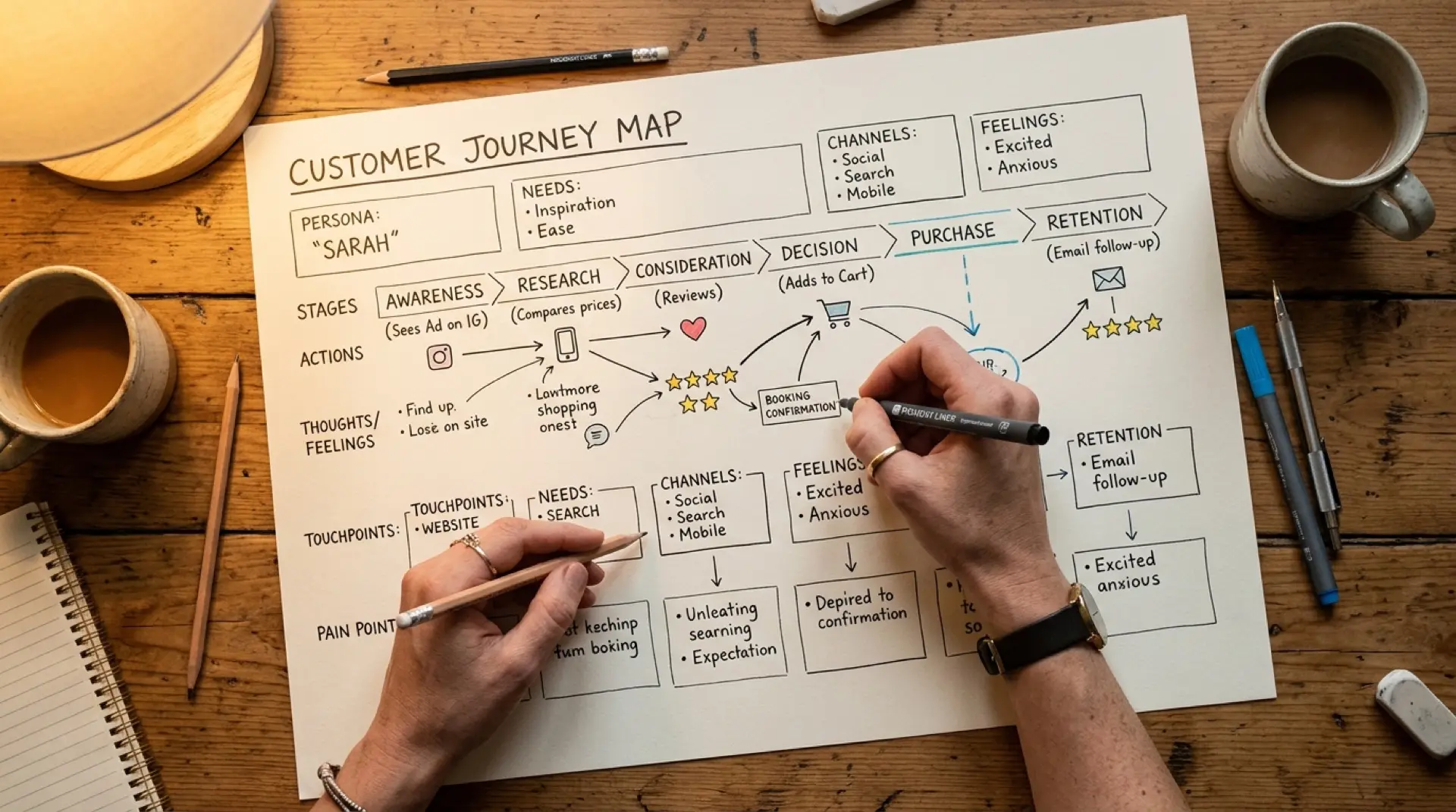 Hands sketching a customer journey map on paper